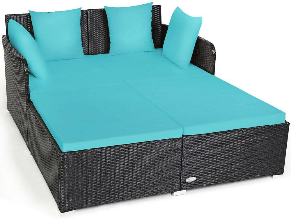 FORCLOVER HF Black Steel Frame Wicker Rattan Outdoor Day Bed with Turquoise Cushions and 4 Pillows