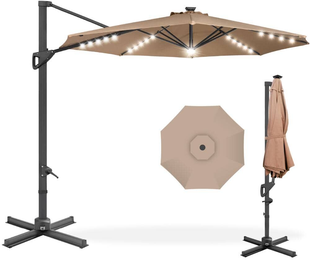 Best Choice Products 10 ft. 360-Degree Solar LED Cantilever Patio Umbrella, Outdoor Hanging Shade with Lights in Tan