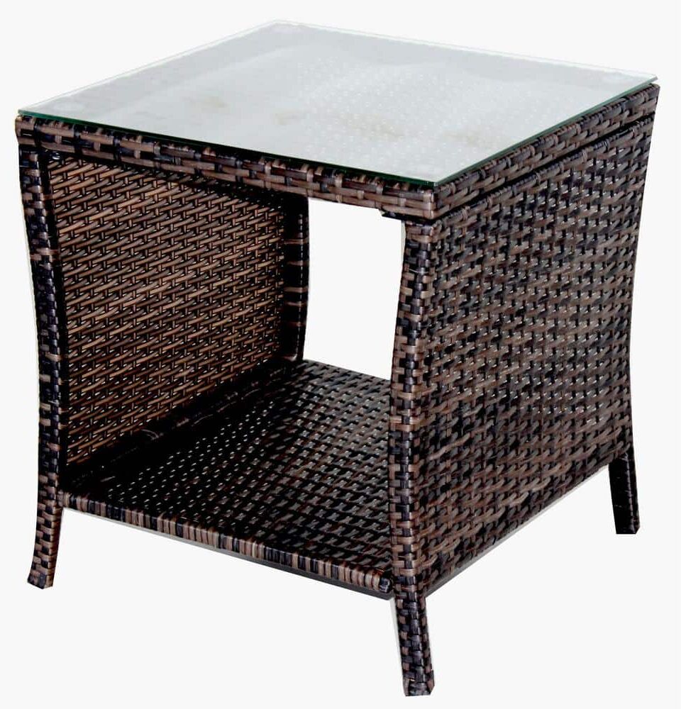 URTR Brown Square PE Wicker Outdoor Side Table Outdoor Tea Table End Table Coffee Table with Tempered Glass Table Top