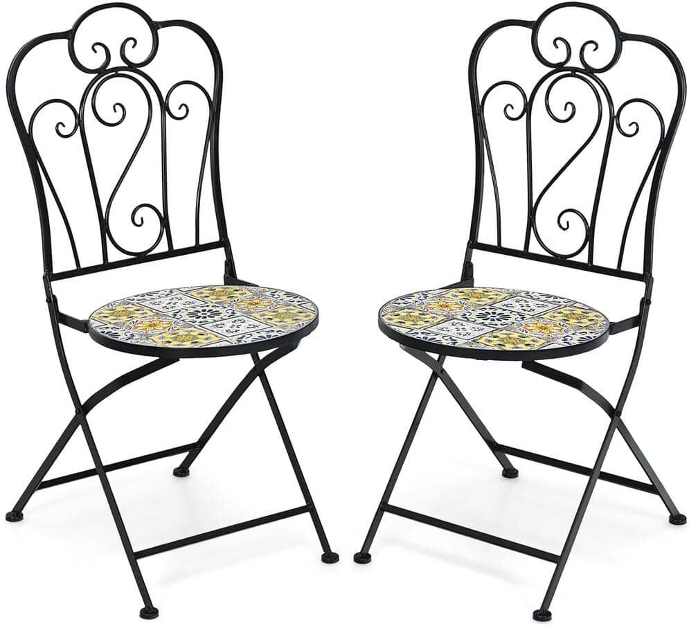 Costway Patio Folding Metal Mosaic Bistro Chairs Flower Pattern Outdoor Dining Chair (Set of 2)