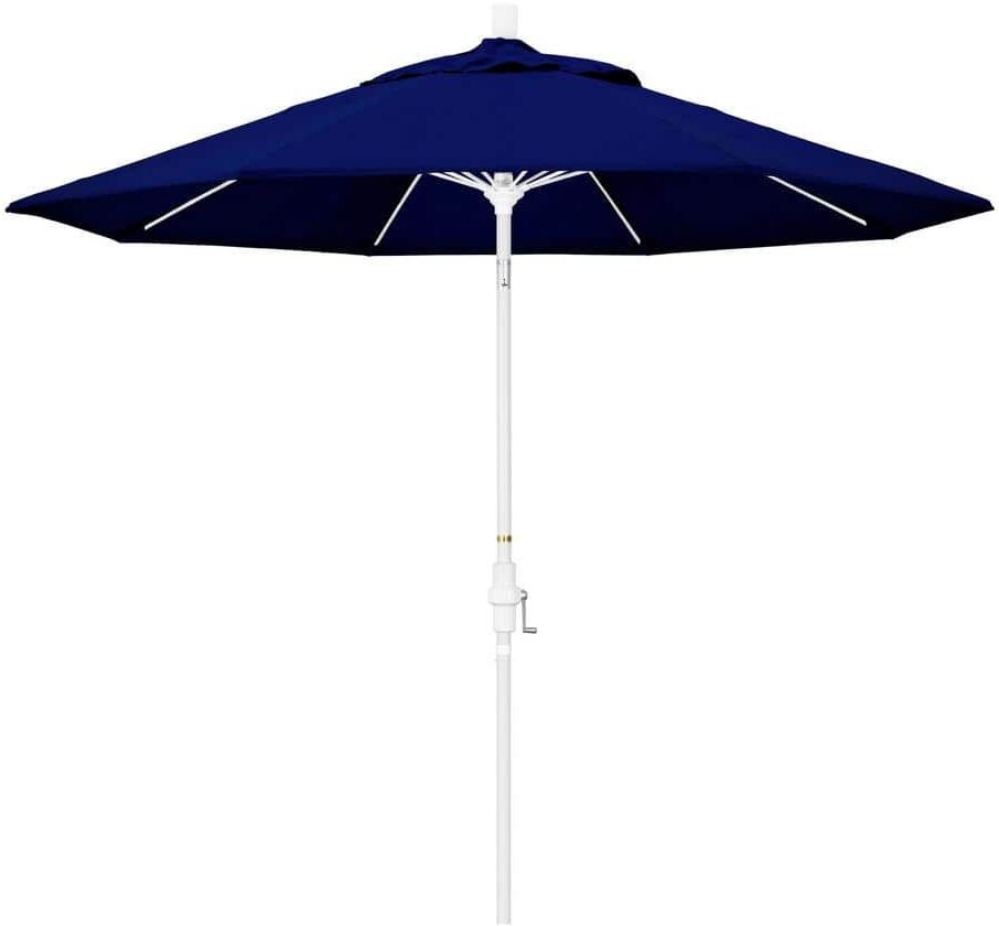 California Umbrella 9 ft. Matted White Aluminum Collar Tilt Crank Lift Market Patio Umbrella in True Blue Sunbrella