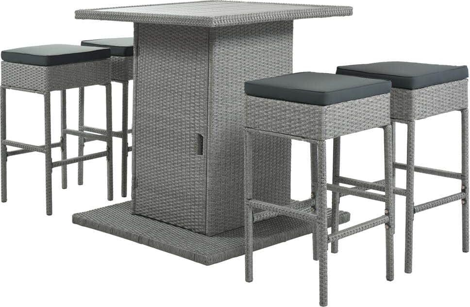 FORCLOVER 5-Piece Wicker Counter Height Outdoor Dining Table Set with Gray Cushions Stools and Storage Island Table