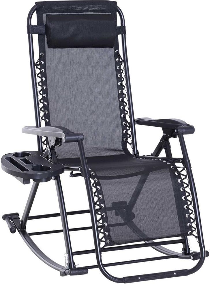 Tealeaf Black Metal Foldable Anti-Gravity Outdoor Rocking Chair with Pillow, Cup and Phone Holder, Combo Design