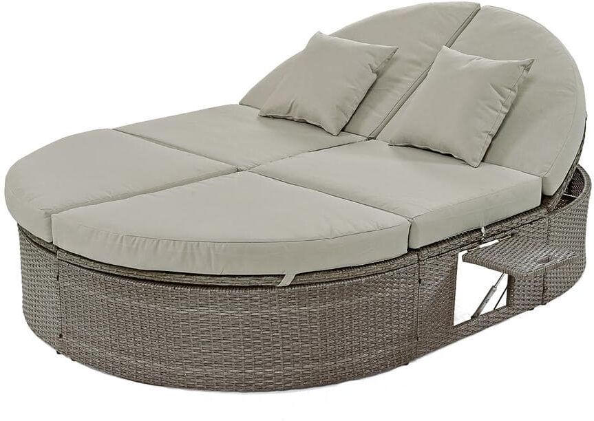 ToolCat Wicker Outdoor Patio 2-Person Day Bed, Chaise Lounge with Adjustable Backrests, Foldable Cup Trays and Gray Cushions