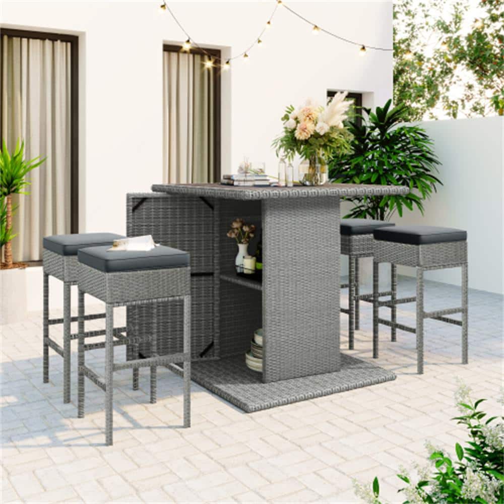 Afoxsos Gray 5-Piece PE Rattan Wicker Outdoor Dining Table Set with Dark Gray Cushion, Storage Shelf and 4 Padded Stools