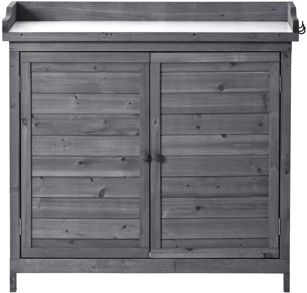 39 in. Outdoor Potting Bench Wood Table, Storage Cabinet Garden Shed with 2-Tier Shelves and Side Hook with Grey