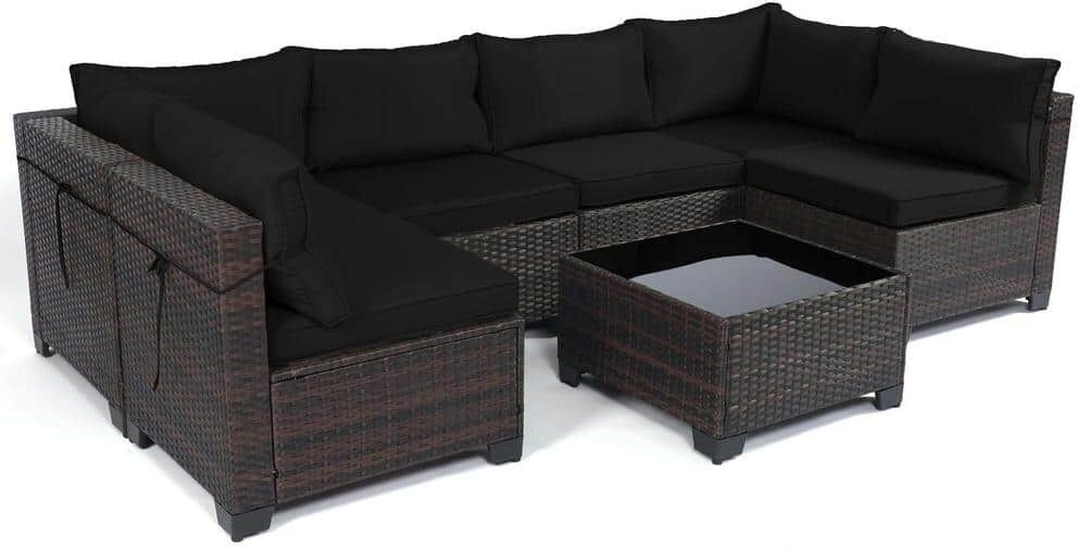 LeveLeve 7-Pieces Outdoor Patio Furniture Sets, Weaving Wicker Patio Sofa, Rattan Conversation Sectional Set with Tea Table Black