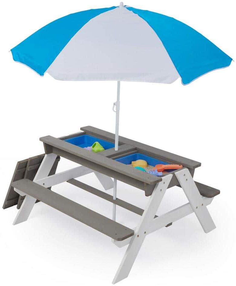 Tunearary Wooden Camping Picnic Table Outdoor Bench Set With Umbrella Sand Table Kids Play Box's