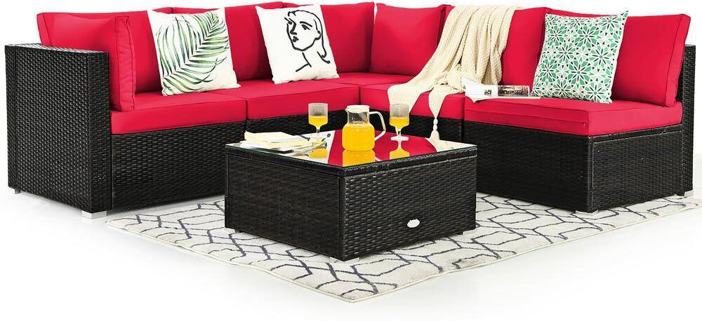 Costway 6-Piece Rattan Patio Furniture Set Cushioned Sofa Coffee Table Garden in Red Cushion