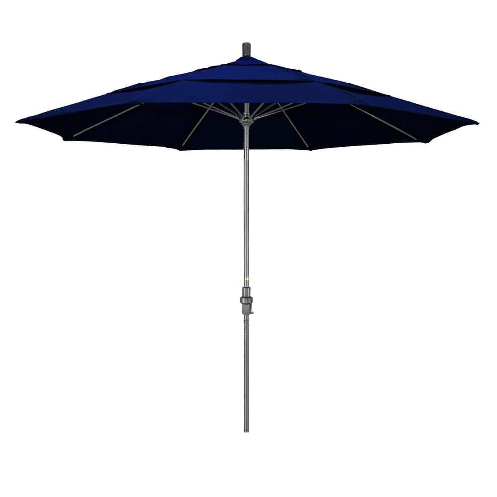 California Umbrella 11 ft. Hammertone Grey Aluminum Market Patio Umbrella with Collar Tilt Crank Lift in True Blue Sunbrella
