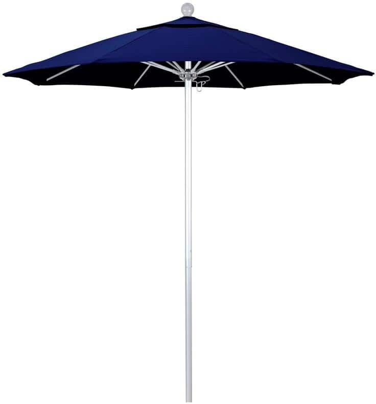 California Umbrella 7.5 ft. Silver Aluminum Commercial Market Patio Umbrella with Fiberglass Ribs and Push Lift in True Blue Sunbrella