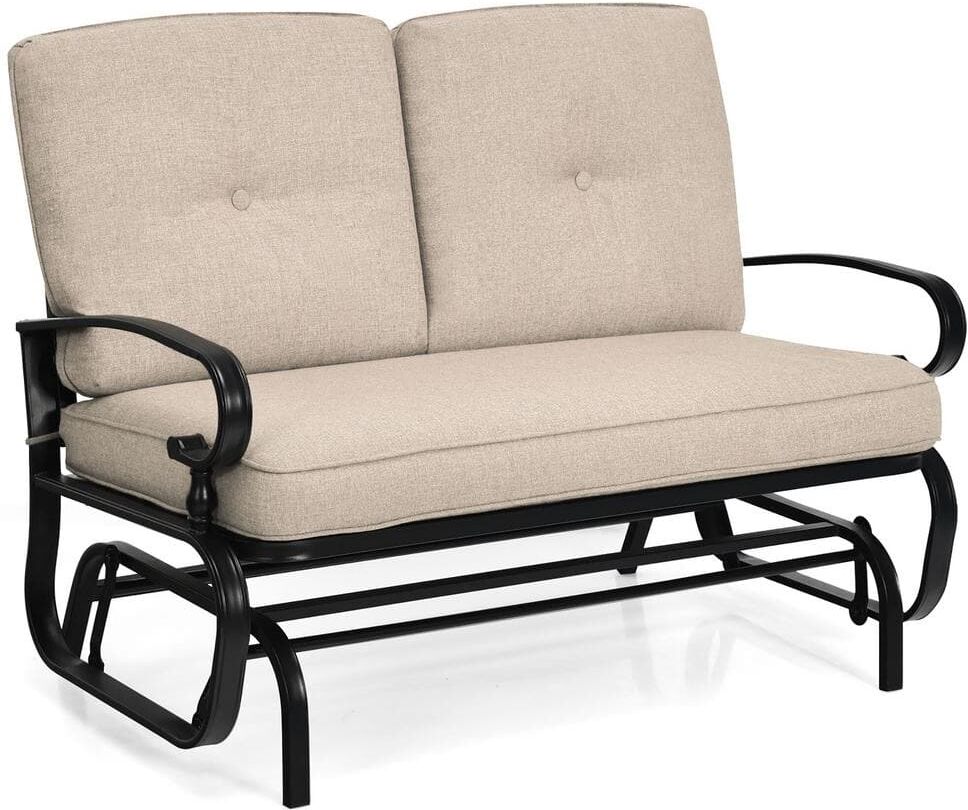 Costway 47.5 in. W 2-Person Black Frame Metal Outdoor Glider with Beige Cushion