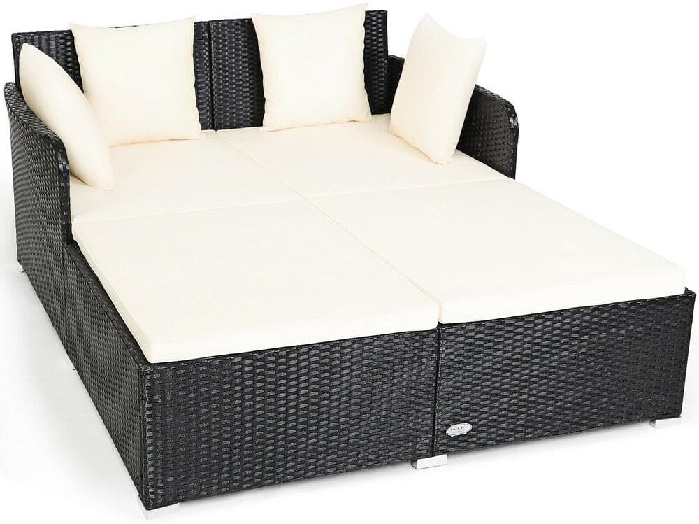 FORCLOVER X-Shape 1-Piece Black Steel Frame Wicker Rattan Outdoor Day Bed with White 4 Pillows Beige Cushions