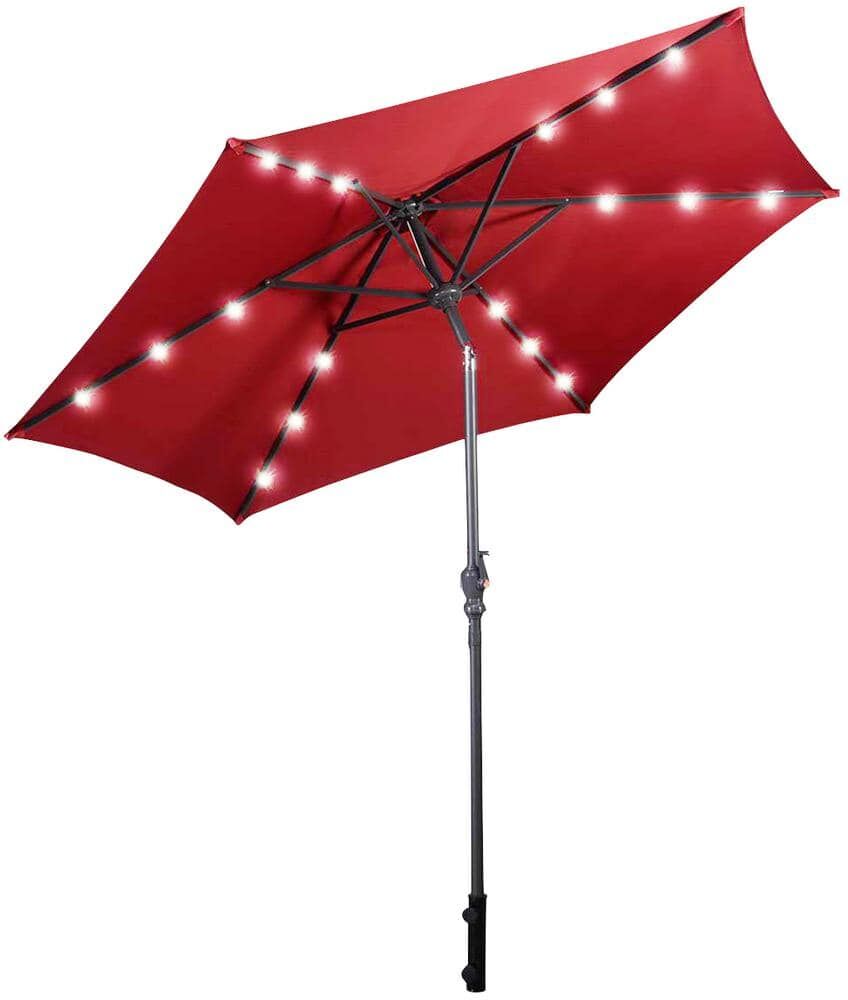 HONEY JOY 9 ft. Metal Market Outdoor Patio Umbrella Offset w/LED Light in Burgundy