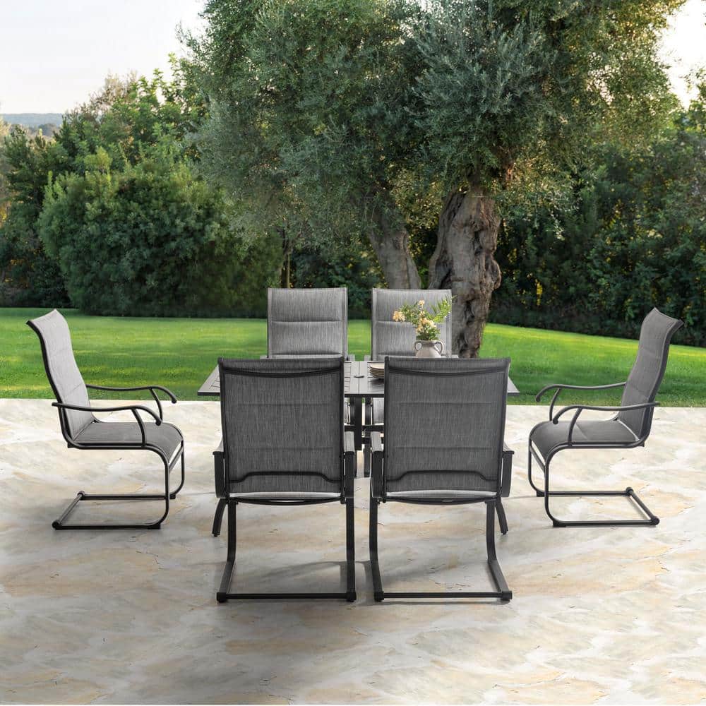 Nuu Garden Light Gray 7-Piece Textilene and Iron Rectangle Splicing Outdoor Dining Set with 1.77 in. Umbrella Hole