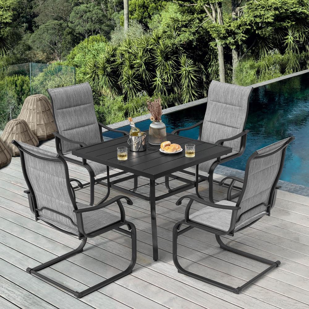 Nuu Garden Light Gray 5-Piece Textilene and Iron Square Outdoor Dining Set with 1.57 in. Umbrella Hole