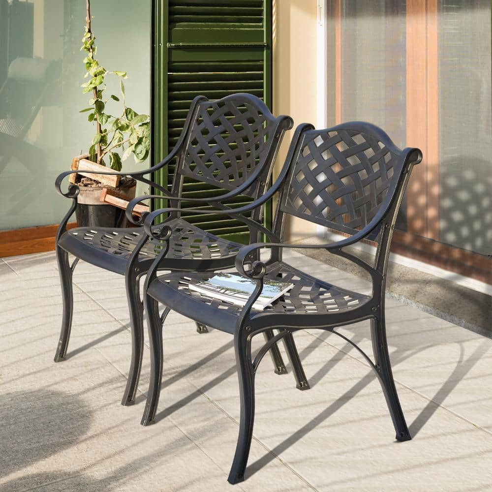 Nuu Garden 2-Piece Cast Aluminum Outdoor Arm Dining Chair Patio Bistro Chairs in Black