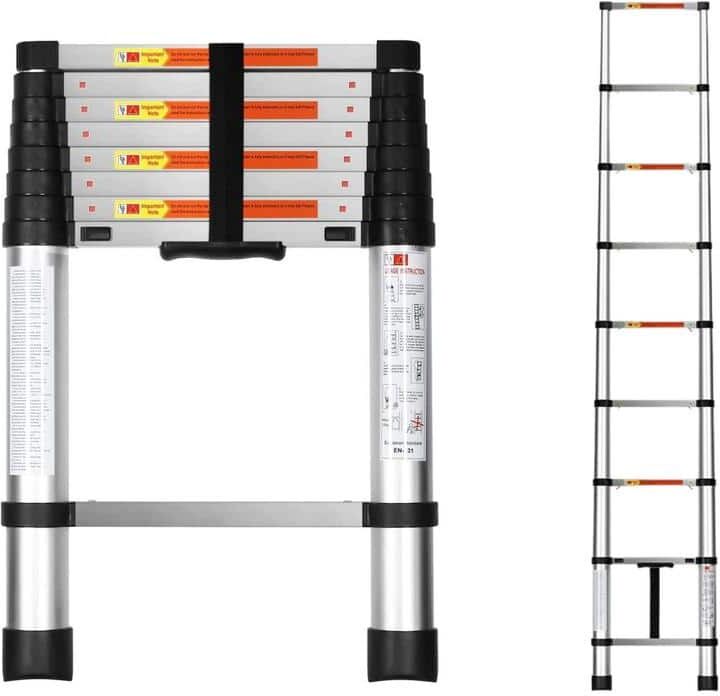 ITOPFOX 8.5 ft. Aluminum Telescoping Ladder 1-Button Retraction Extension System for Indoor & Outdoor Use 330 lbs. Load Capacity