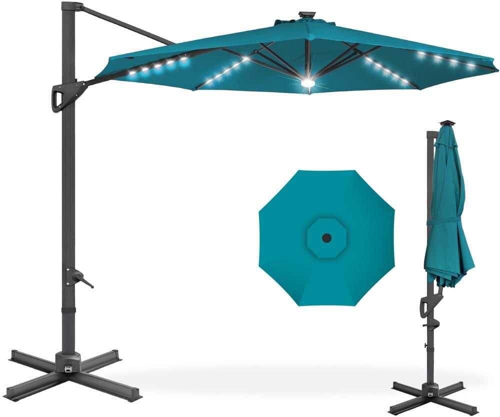 Best Choice Products 10 ft. 360-Degree Solar LED Cantilever Patio Umbrella, Outdoor Hanging Shade with Lights - Cerulean