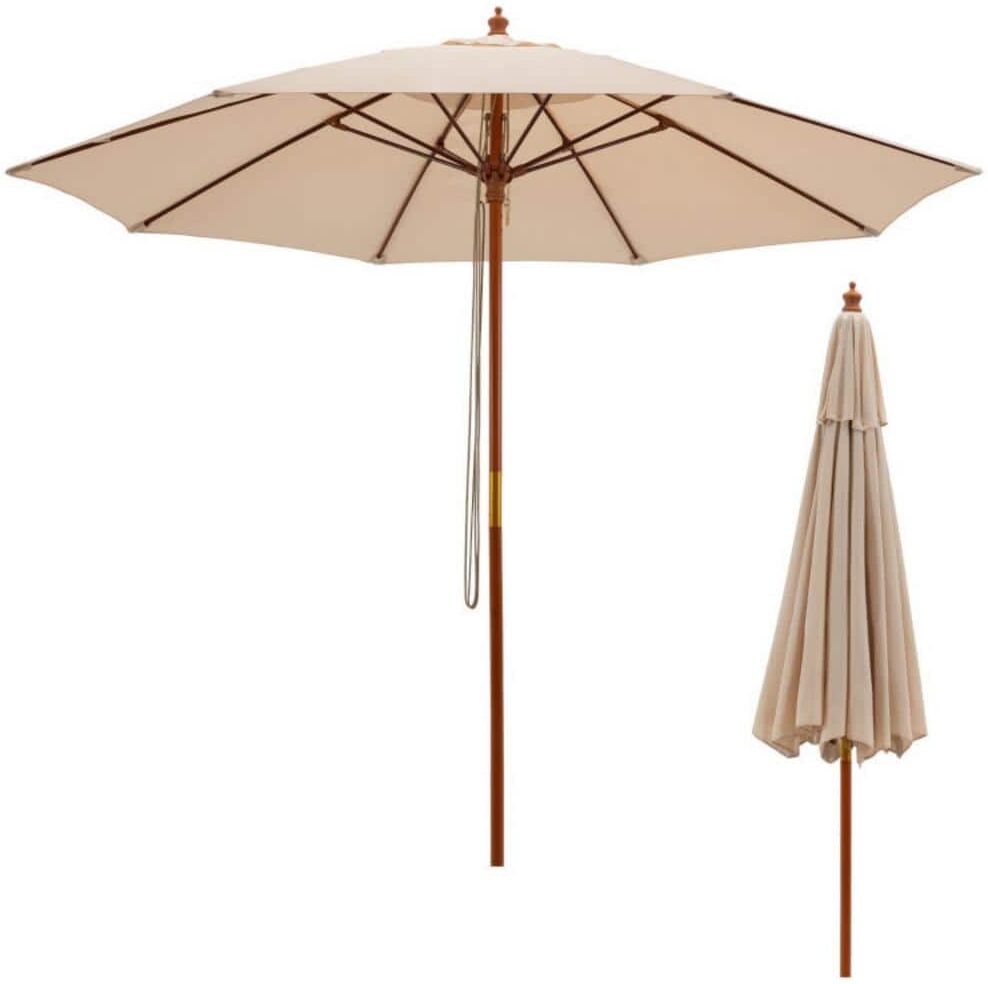 Clihome 9.5 ft. Beige Pulley Lift Market Patio Umbrella with Fiberglass Ribs without Weight Base