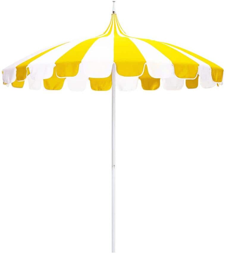 California Umbrella 8.5 ft. White Aluminum Commercial Natural Pagoda Market Patio Umbrella with Push Lift in Sunflower Yellow Sunbrella