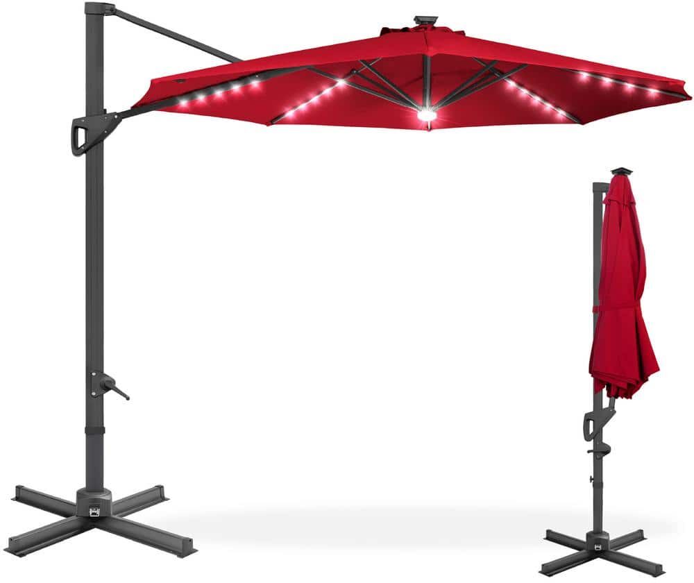 Best Choice Products 10 ft. 360-Degree Solar LED Cantilever Patio Umbrella, Outdoor Hanging Shade with Lights in Red