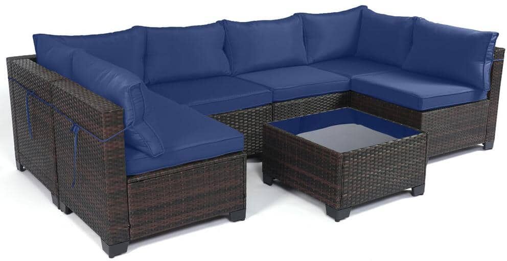 LeveLeve 7-Pieces Outdoor Patio Furniture Sets, Weaving Wicker Patio Sofa, Rattan Conversation Sectional Set with Tea Table Blue