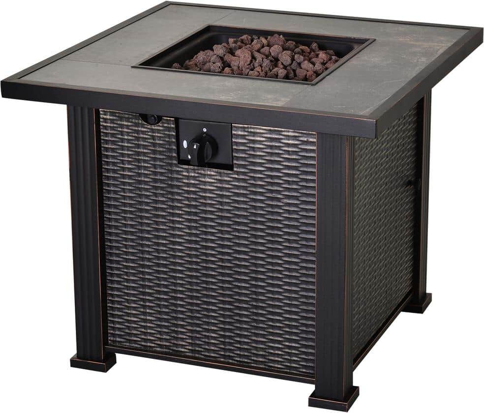 Outsunny 30 in. W x 24.6 in. H x 30 in. L Square Steel Propane Fire Pit Table with Beautiful Tabletop and Wicker Design