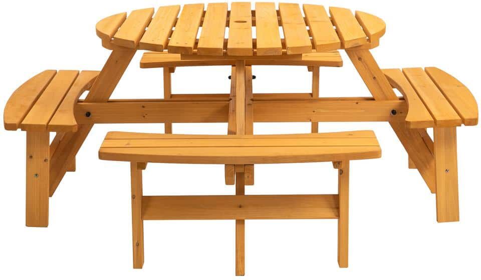 matrix decor 70.07 in. Brown Round Wood Picnic Table Seats 8 People with Umbrella Hole, for Patio, Backyard, 2220 lbs. Capacity