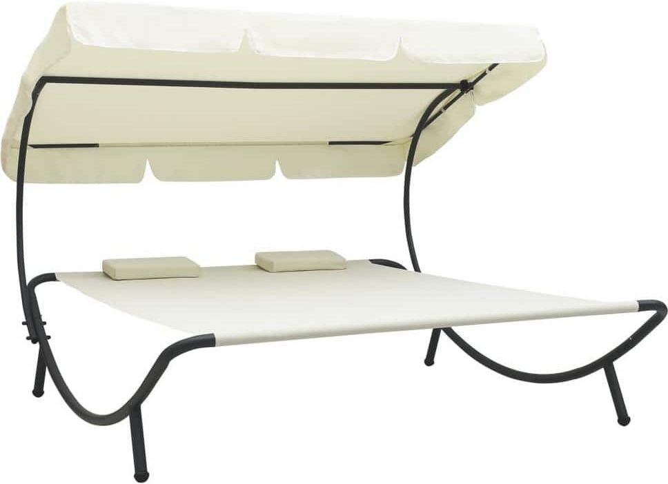 Metal Steel Outdoor Day Bed Lounge Bed with Canopy and Pillows in Cream White Cushions