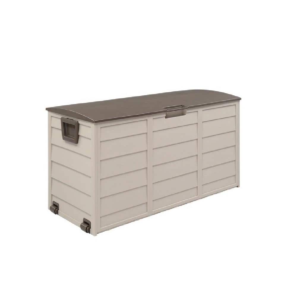 ITOPFOX 75 Gal. Plastic Outdoor Garden Storage Deck Box Chest Tools Cushions Toys Lockable Seat with Wheels in Light Brown