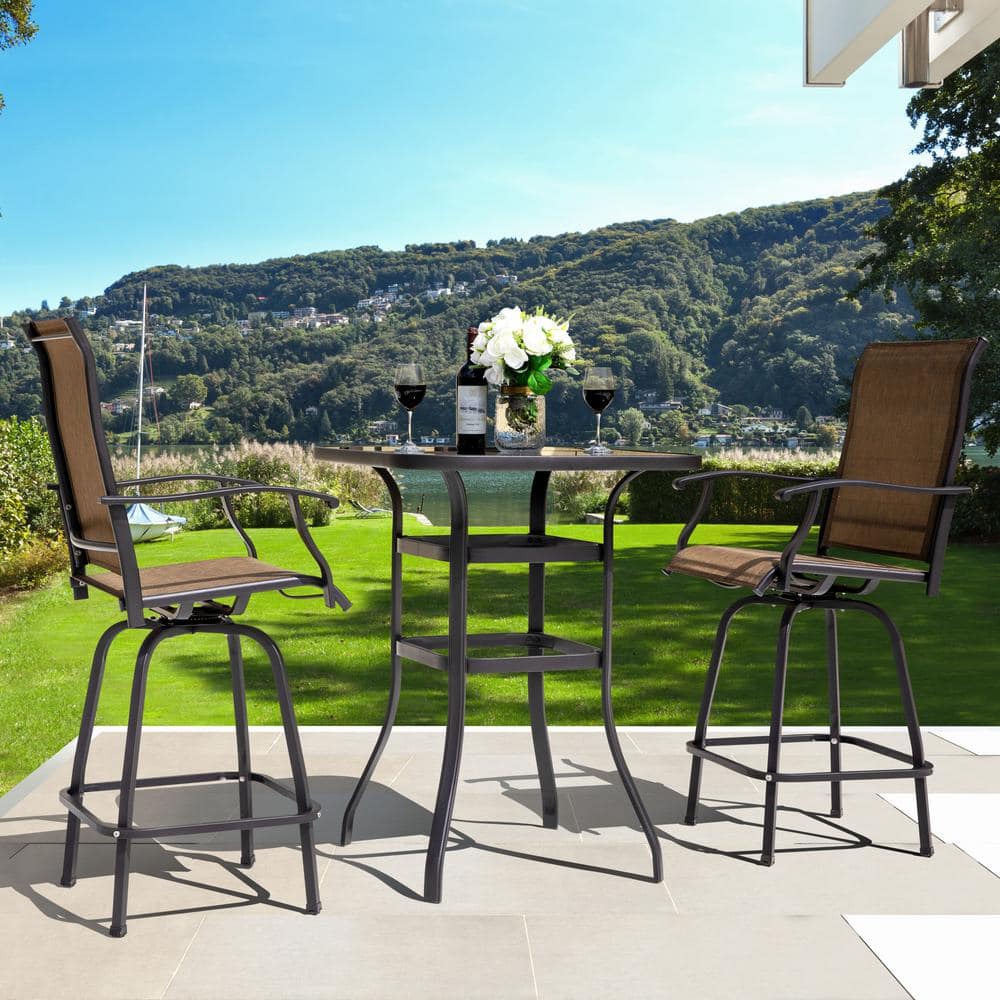 Nuu Garden Brown 3-Piece Steel Outdoor Patio Bar Set with High Swivel Bistro Chairs