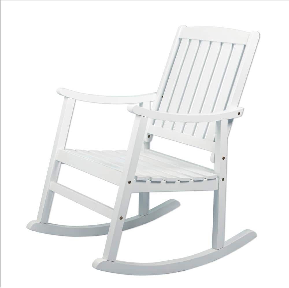 JONATHAN Y Penny Classic Slat-Back 300 lbs. Support Acacia Wood Patio Outdoor Rocking Chair in White