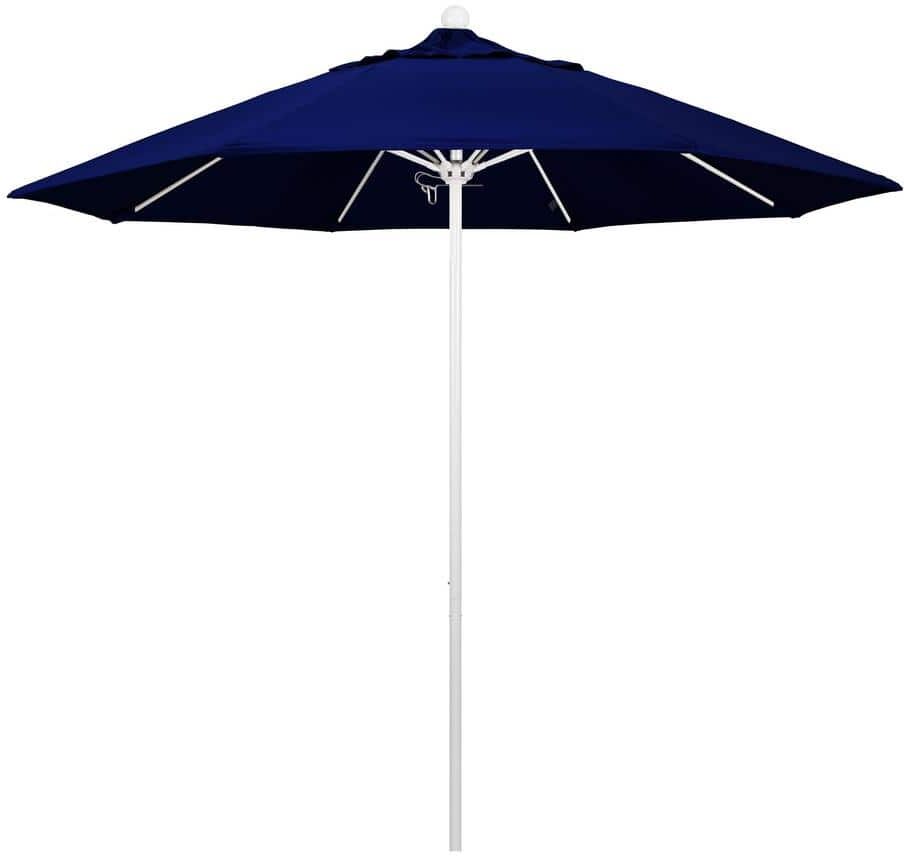 California Umbrella 9 ft. White Aluminum Commercial Market Patio Umbrella with Fiberglass Ribs and Push Lift in True Blue Sunbrella