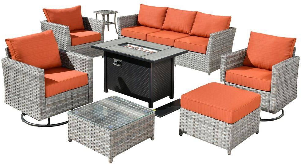 Hanes Gray 10-Piece Wicker Patio Fire Pit Sectional Seating Set with Orange Red Cushions and Swivel Rocking Chairs