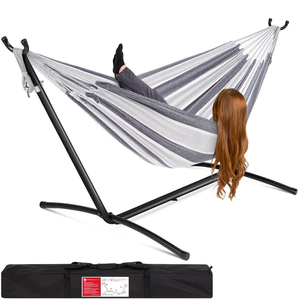 Best Choice Products 9.5 ft. 2-Person Brazilian-Style Cotton Double Hammock Bed with Stand Set with Carrying Bag in Steel