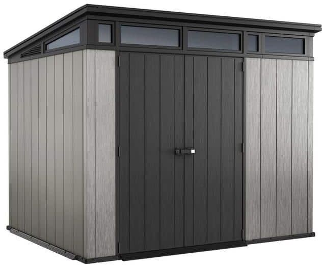 Keter Artisan 9 ft. W x 7 ft. D Grey Large Modern Durable Resin Plastic Storage Shed with Double Doors (64.9 sq. ft.)