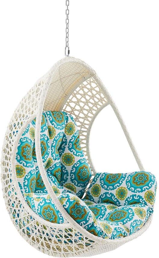 ULAX FURNITURE 46 in. Wicker Outdoor Hanging Egg Chair with Green Cushion