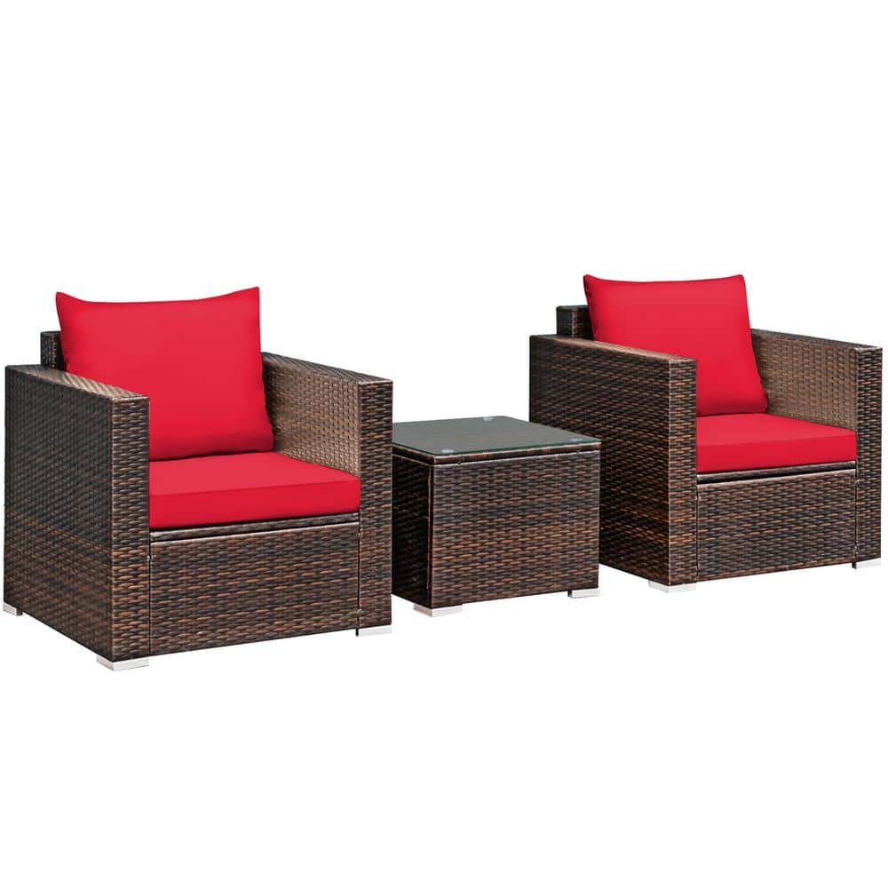 Costway Brown 3-Piece Wicker Patio Conversation Set Garden with Red Cushions