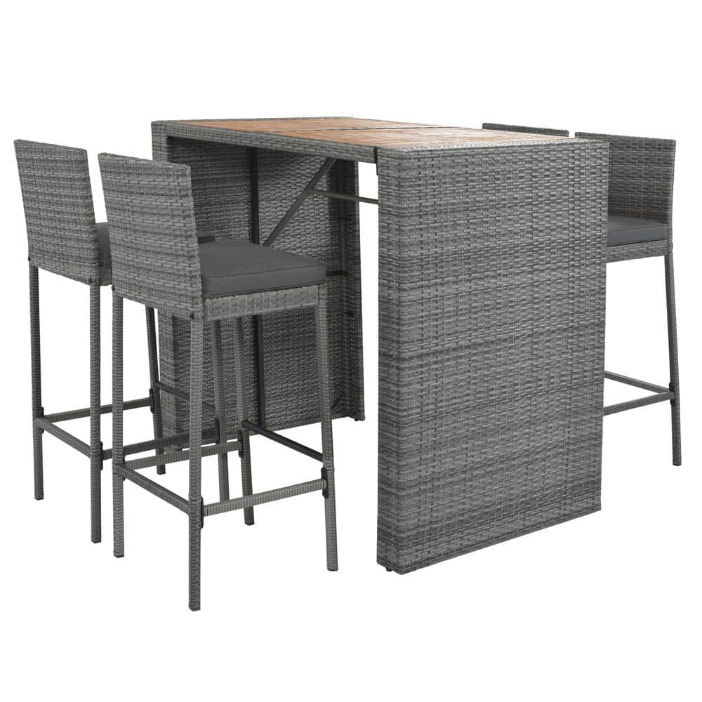 maocao hoom 5-Piece Gray Wicker Outdoor Dining Bar Set with Non-Slip Fee, Fixed Rope and Removable Gray Cushion