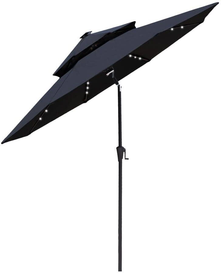 FLAME&SHADE 9 ft. Double Top Aluminum Market Solar Lighted Tilt Patio Umbrella with LED in Black Solution Dyed Polyester