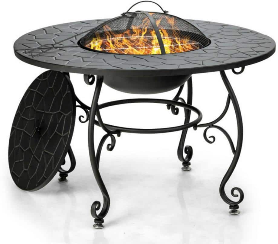 Clihome 35.5 in. Black Metal Patio Outdoor Wood Burning Fire Pit Table Multifunctional Dining Table with Cooking BBQ Grate