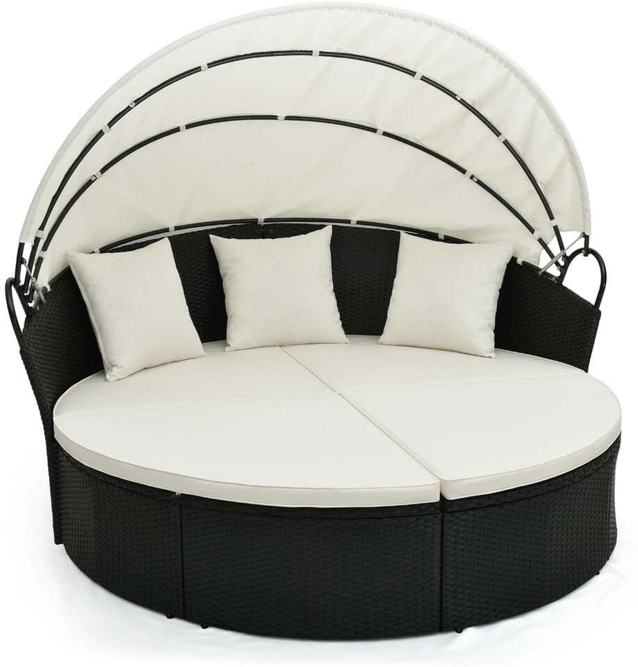 Costway Wicker Patio Round Daybed Outdoor Day Bed with Retractable Canopy Rattan Sectional Seating Off White Cushions