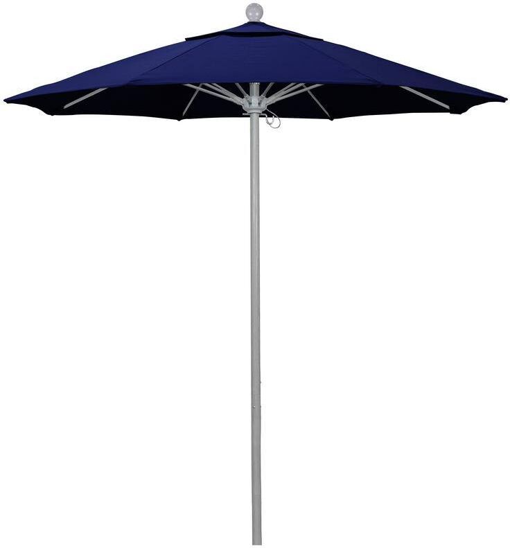 California Umbrella 7.5 ft. Grey Woodgrain Aluminum Commercial Market Patio Umbrella Fiberglass Ribs and Push Lift in True Blue Sunbrella