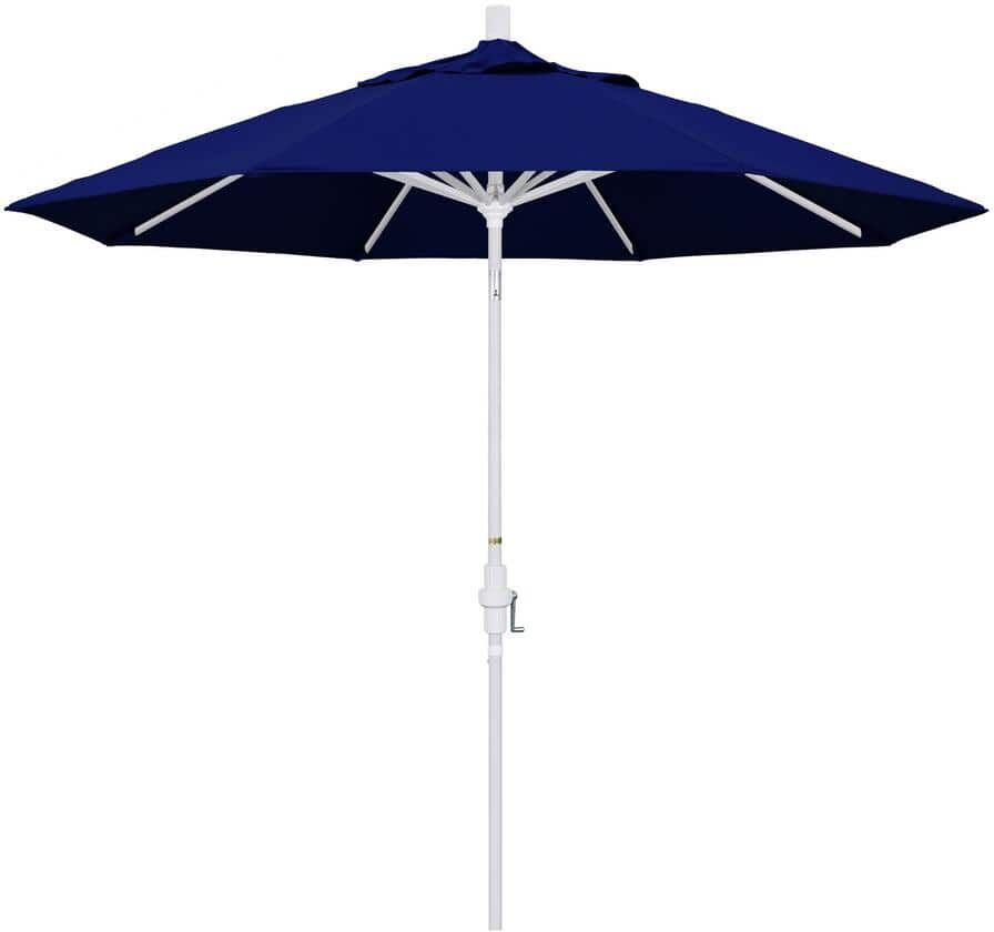 California Umbrella 9 ft. Matted White Aluminum Collar Tilt Crank Lift Market Patio Umbrella in True Blue Sunbrella