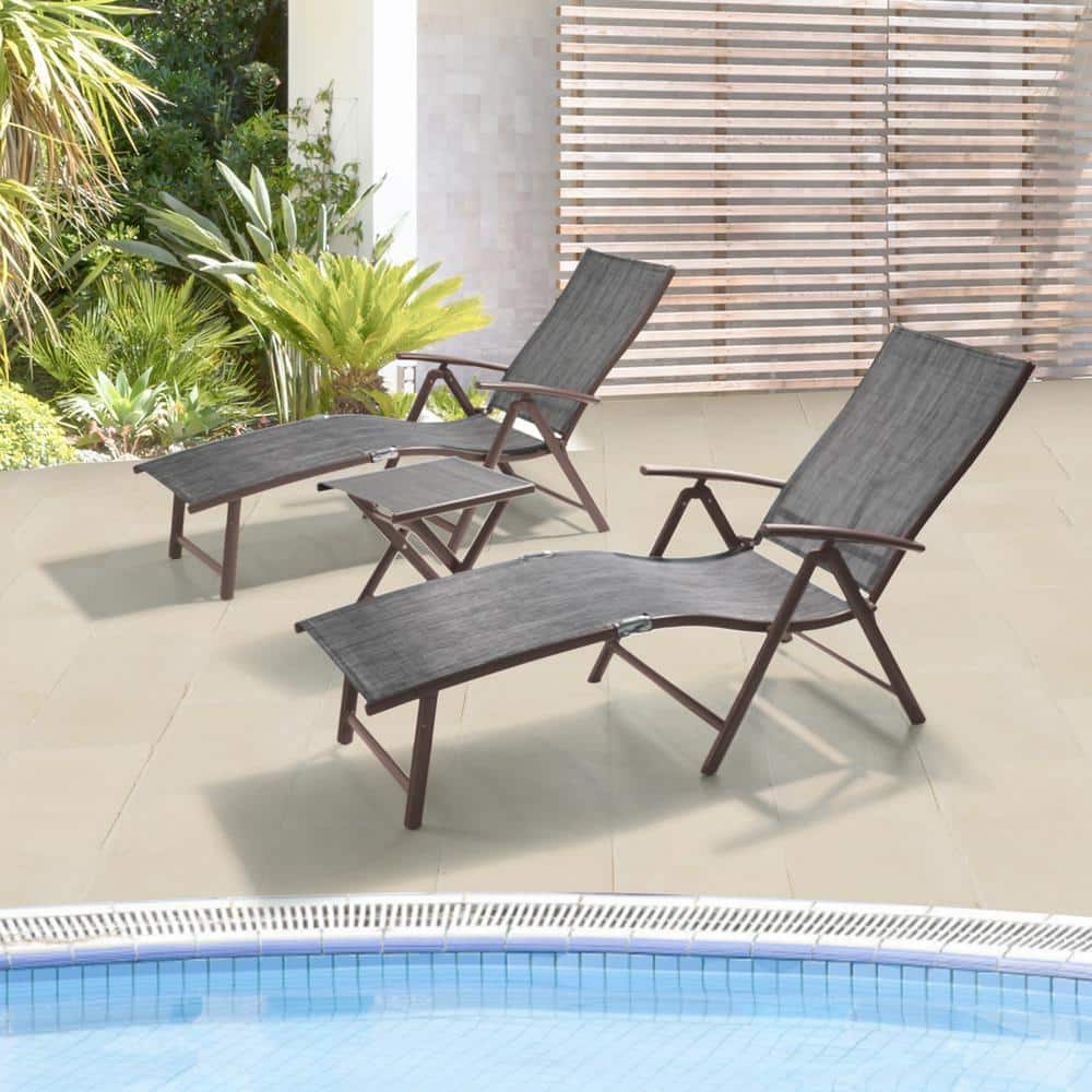 Pellebant 3-Piece Adjustable Aluminum Outdoor Chaise Lounge in Dark Gray with Side Table