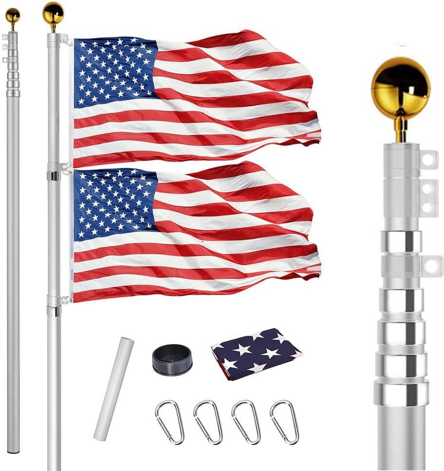 Cisvio 25 ft. Telescopic Aluminum Flag Pole Fly 2 Flags 3 ft. x 5 ft. US Flag Ball Top Kit Telescoping Flagpole