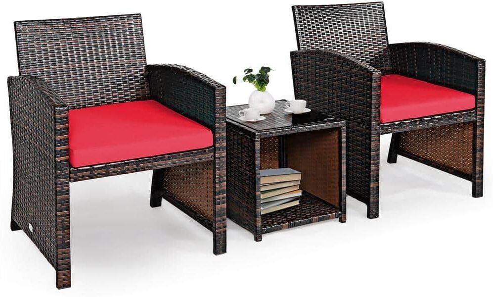 Costway 3-Piece Wicker Patio Conversation Set with Red Cushions Sofa Coffee Table