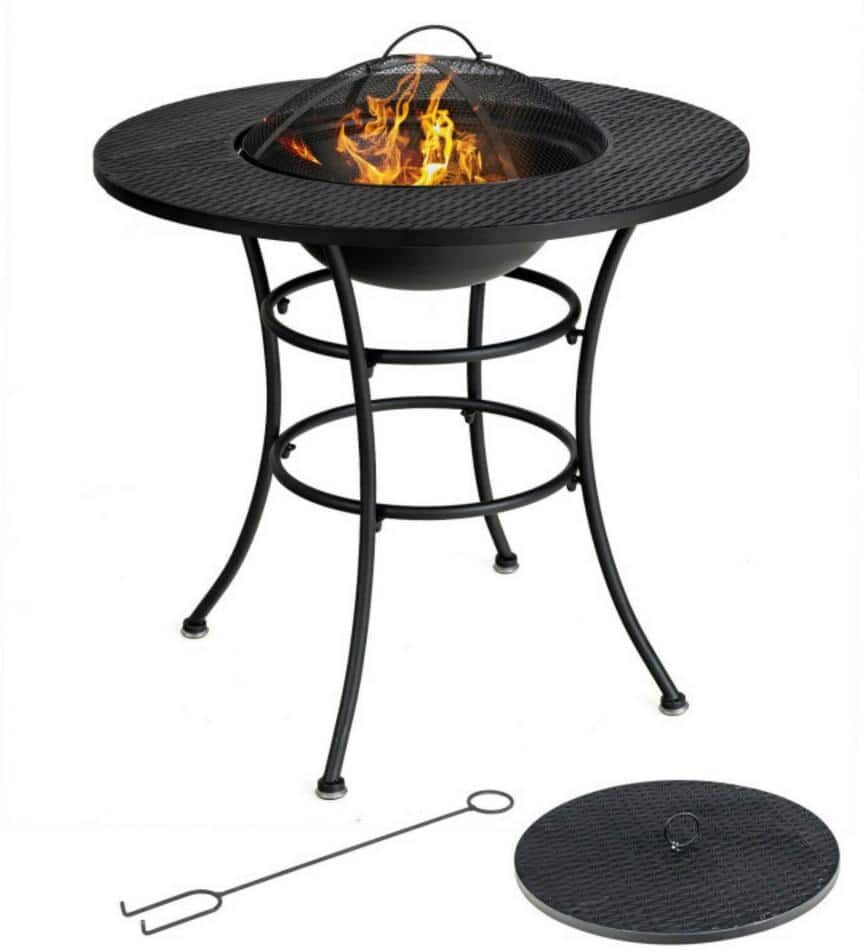 Clihome 31.5 in. Black Metal Patio Fire Pit Table Outdoor Dining Table with Cooking BBQ Grate