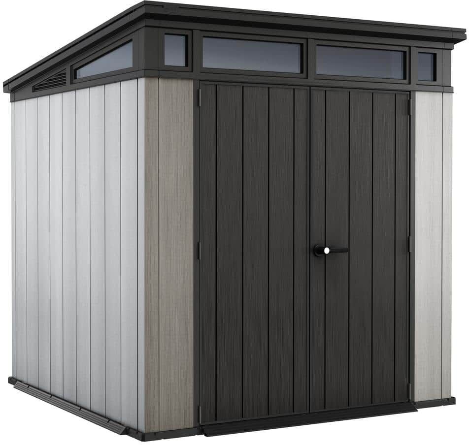 Keter Artisan 7 ft. W x 7 ft. D Large Modern Durable Resin Plastic Storage Shed with Double Doors, Grey (50.2 sq. ft.)